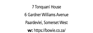 7 Tonquani House 6 Gardner Williams Avenue Paardevlei, Somerset West w: https://bowie.co.za/