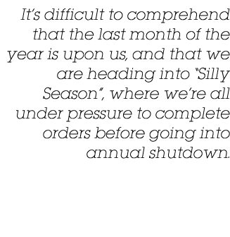 It’s difficult to comprehend that the last month of the year is upon us, and that we are heading into “Silly Season”,...
