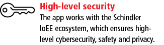High-level security The app works with the Schindler IoEE ecosystem, which ensures high- level cybersecurity, safety    