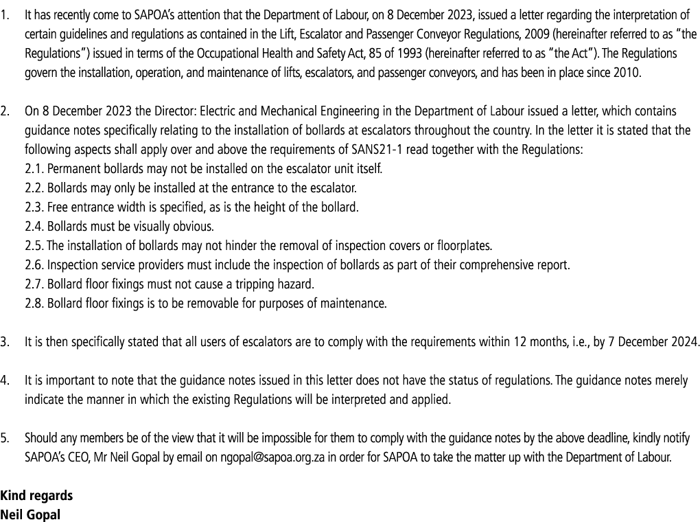 1. It has recently come to SAPOA’s attention that the Department of Labour, on 8 December 2023, issued a letter regar...