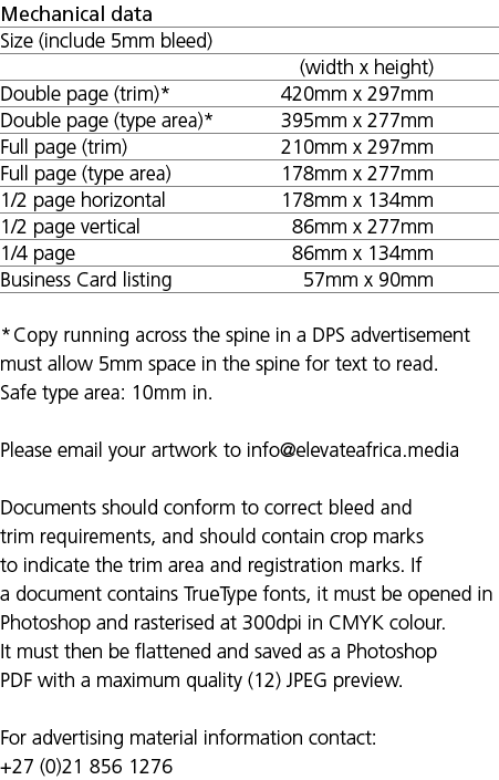 Mechanical data Size (include 5mm bleed) (width x height) Double page (trim)* 420mm x 297mm Double page (type area)* ...