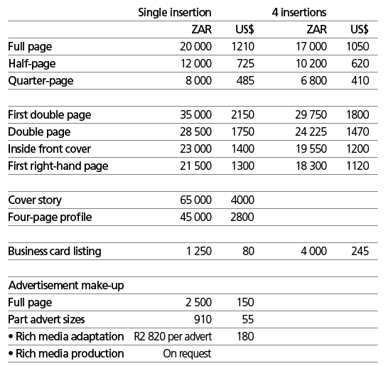  Single insertion 4 insertions ZAR US$ ZAR US$ Full page 20 000 1210 17 000 1050 Half page 12 000 725 10 200 620 Quar...