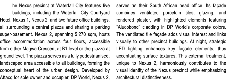 he Nexus precinct at Waterfall City features five buildings, including the Waterfall City Courtyard Hotel, Nexus 1, N...