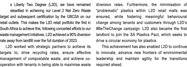 s Liberty Two Degree (L2D), we have remained steadfast in achieving our Level 2 Net Zero Waste target and subsequent ...