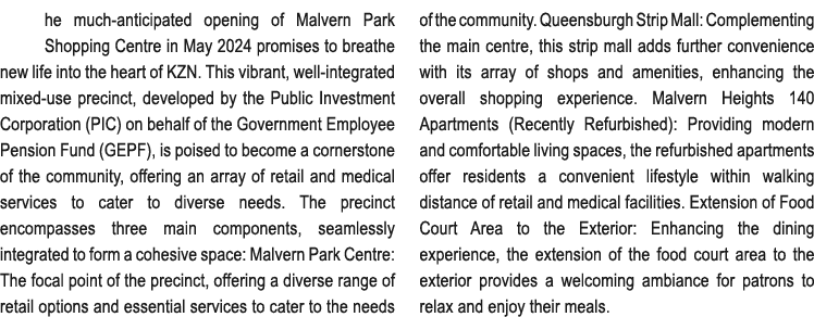 he much anticipated opening of Malvern Park Shopping Centre in May 2024 promises to breathe new life into the heart o...