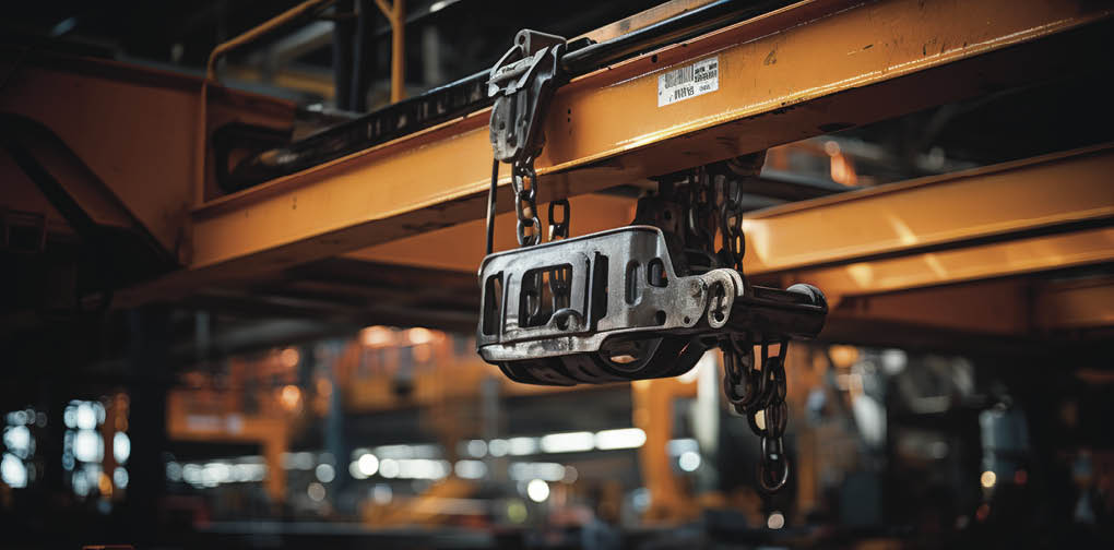 Steel hook crane constructing metal building.