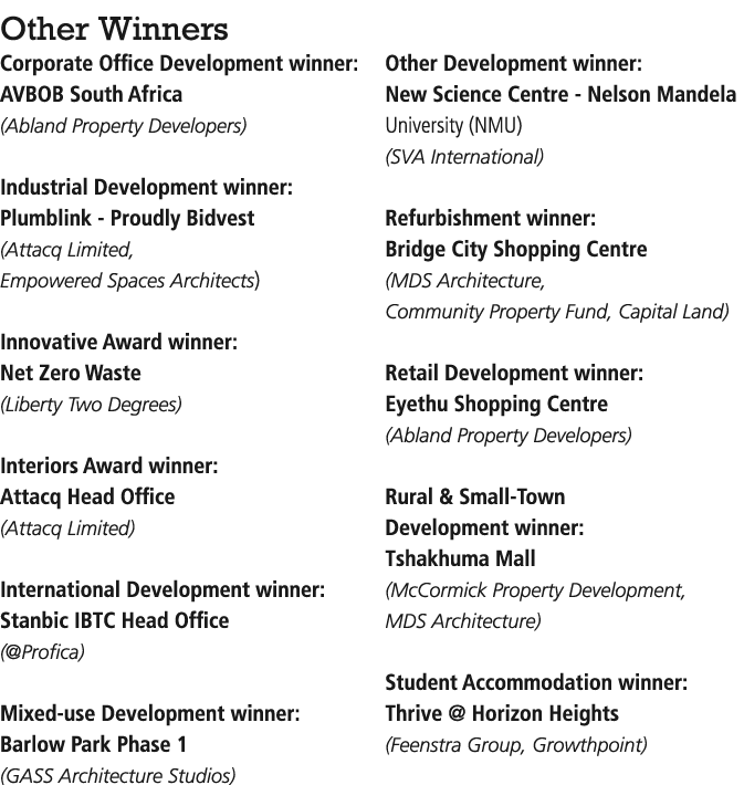 Other Winners Corporate Office Development winner: AVBOB South Africa (Abland Property Developers) Industrial Develop...